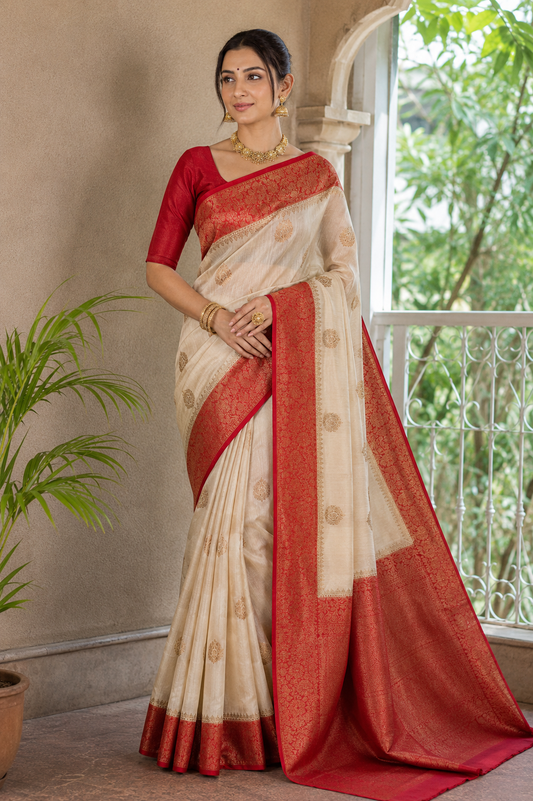 Off-White Tussar Banarasi Silk Saree, Hand Woven Motifs With Unstiched Blouse