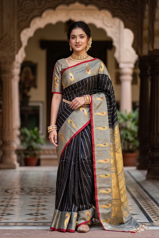 Black Gadwal Silk Sarees With Unstiched Blouse
