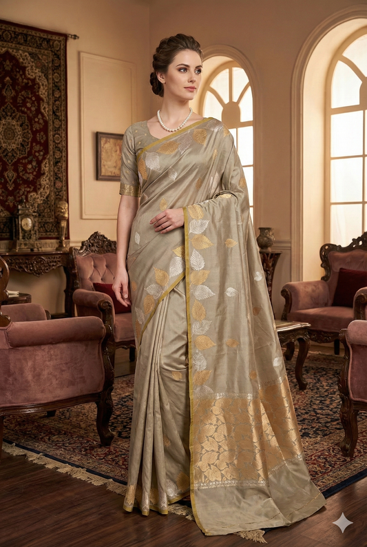 Grey Katan Banarasi Saree Hand Woven Work, With Unstiched Blouse