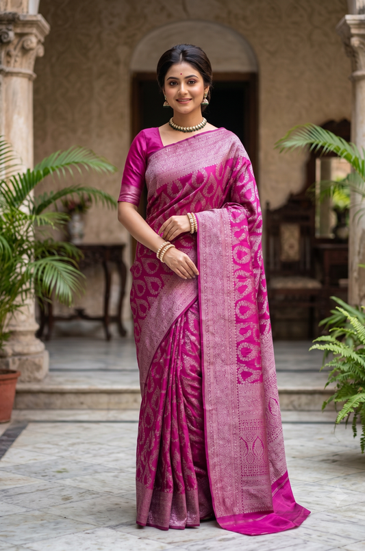 Magenta Pure Kanjeevaram Silk Saree, With Unstiched Blouse