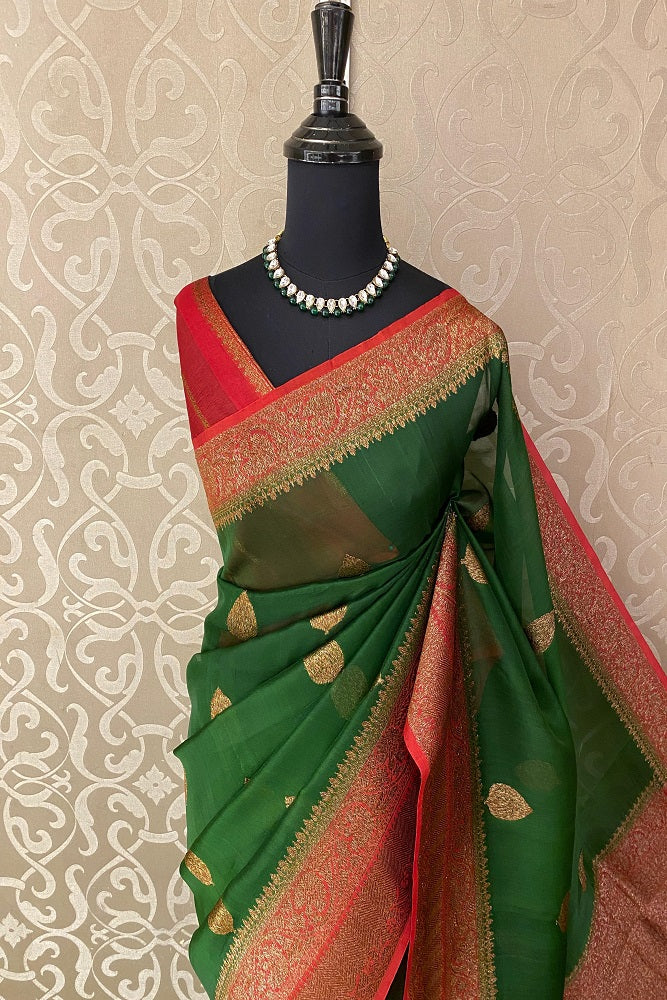 Bottle Green Kora Banarasi Silk Saree, With Unstiched Blouse