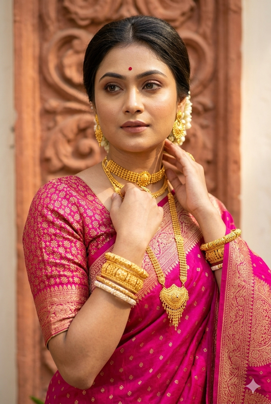 Elegant Rani Crepe Khaddi Banarasi silk saree with intricate gold patterns and matching unstiched blouse, traditional wear by Saarang Sarees.