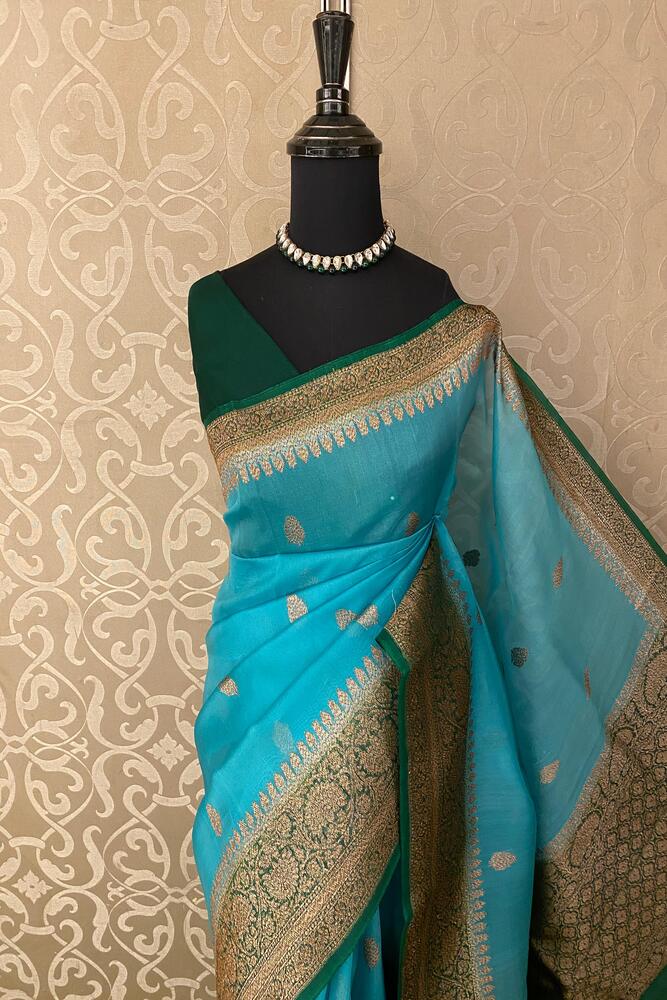 Sky Blue Kora Banarasi Silk Saree, With Unstiched Blouse