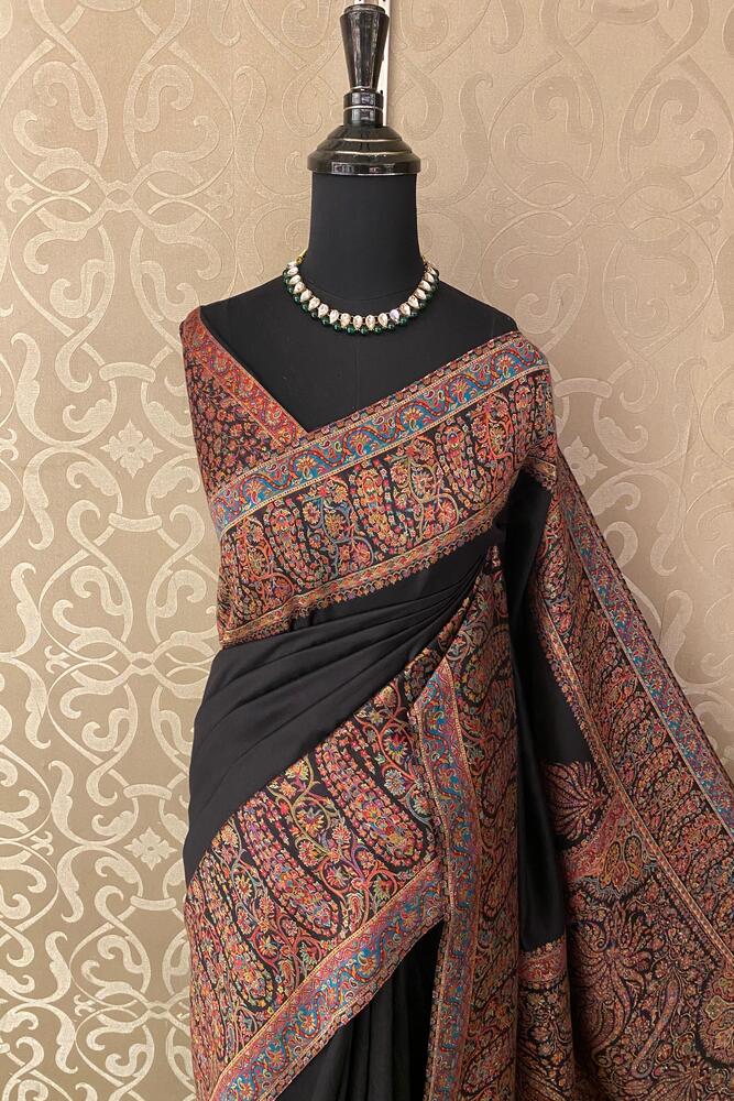Black Pure Kani Handloom Silk Saree With Floral Woven Blouse