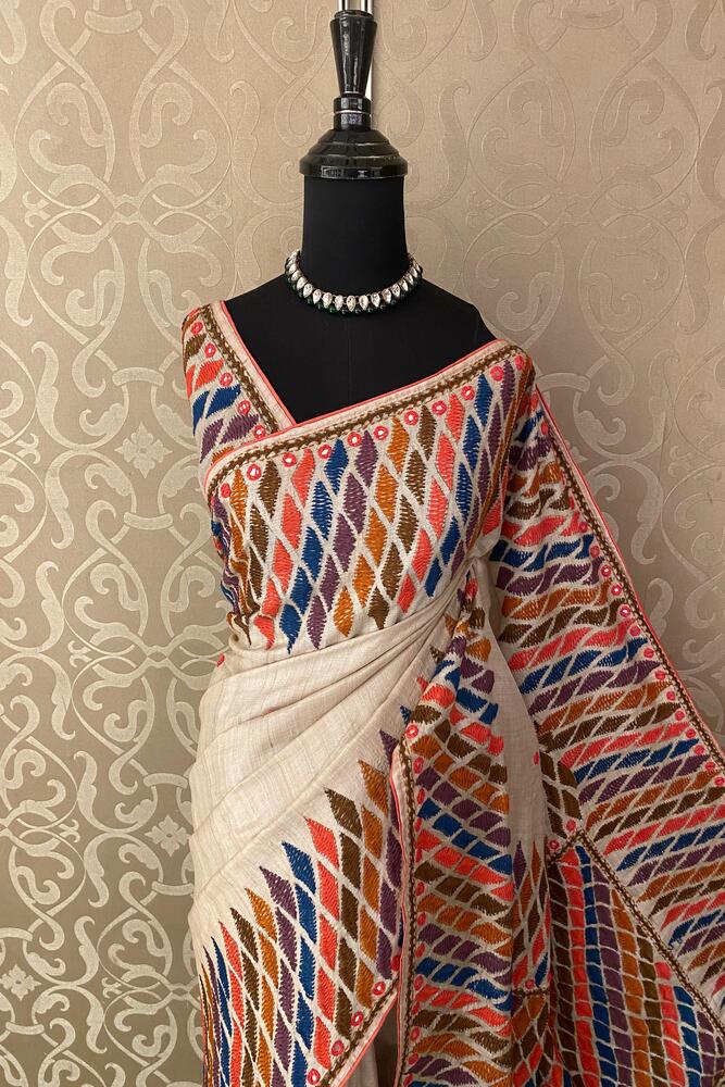 Off-White Tussar Embroidery Saree With Kathiawari Work Border, With Unstitched Blouse