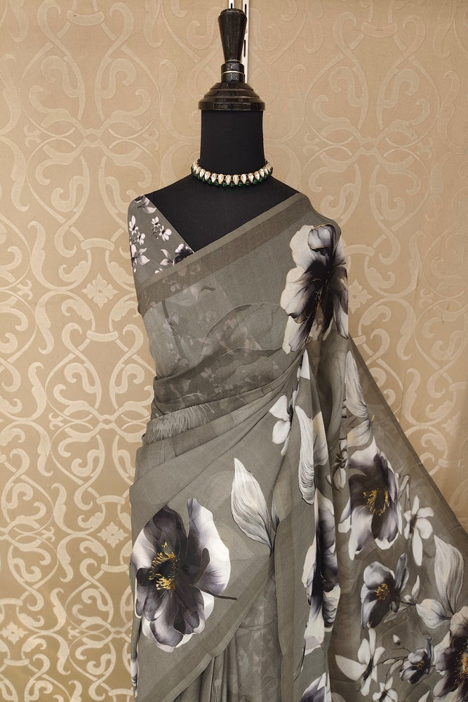 Grey Floral Printed Chiffon Saree, With Unstiched Blouse Piece