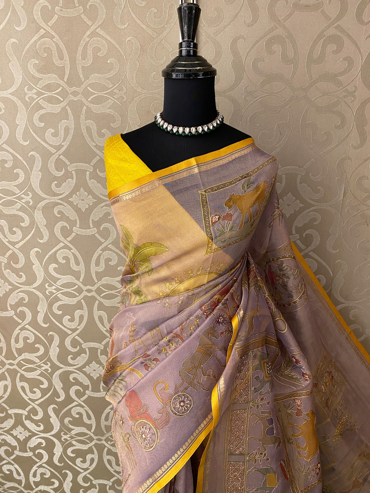 Mauve Tissue Organza Silk With Ari Work Saree, With Unstiched Blouse
