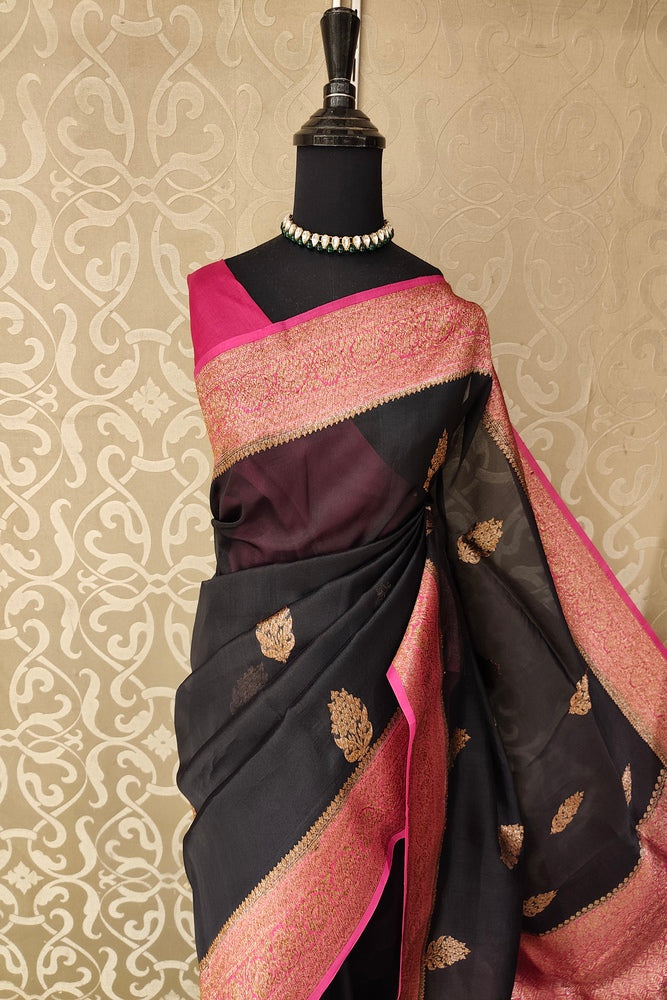 Black Kora Banarasi Silk Saree, With Unstiched Blouse