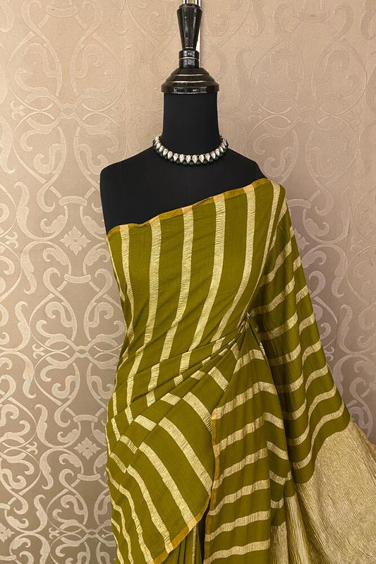 Gold & Lime Green Zari Stripe Munga Borderless Saree, With Unstiched Blouse
