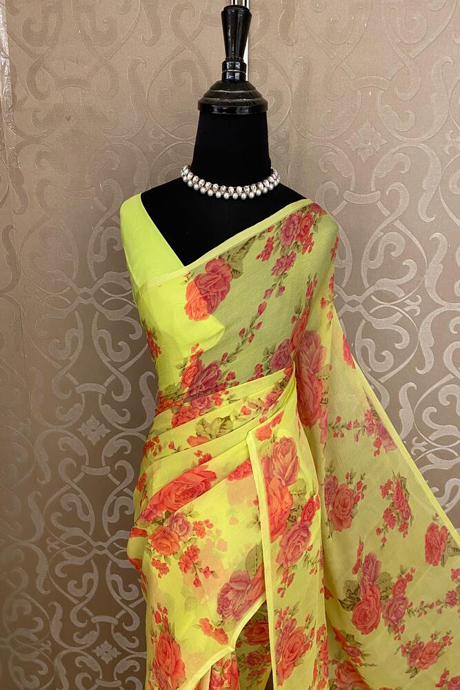 Lime Yellow Red Floral Printed Chiffon Saree, With Unstiched Blouse Piece