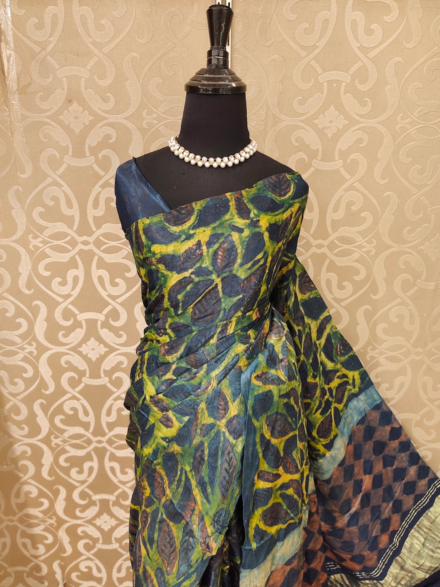 Multi Pure Modal Silk Ajrakh Printed Saree With Unstich Blouse