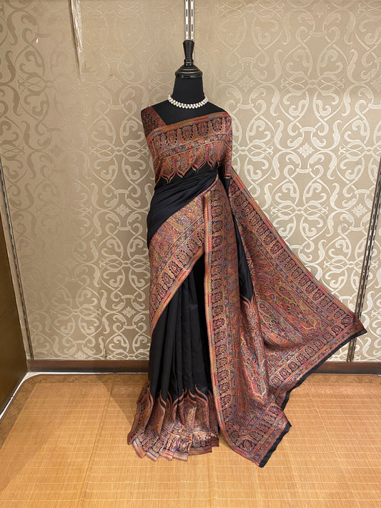 Black Pure Kani Handloom Silk Saree With Unstiched Jamewar Woven Blouse