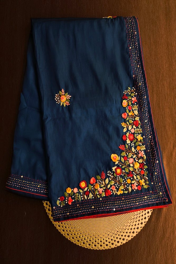 Deep Blue Semi Munga Silk French Knot Hand Embroidery Work Saree, With Unstiched Blouse