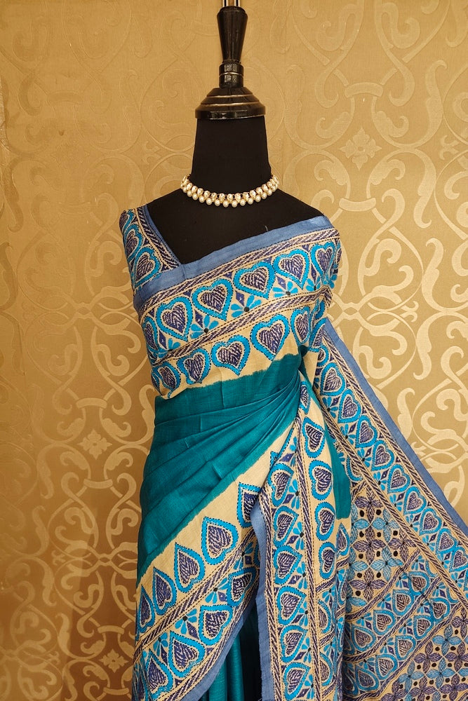 Teal Blue Tussar Embroidery Saree With Kantha Work Border, With Unstitched Blouse