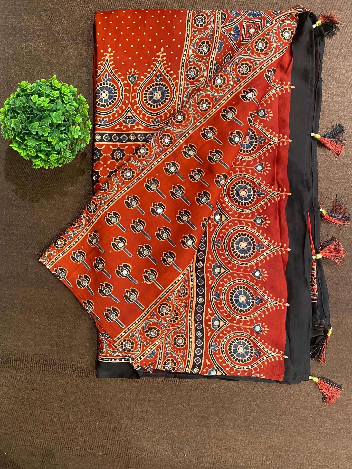 Maroon Pure Modal Silk Ajrakh Printed Saree With Unstiched Blouse