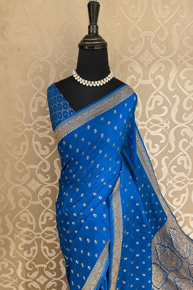 Royal Blue Crepe Khaddi Banarasi Silk Saree With Unstiched Blouse
