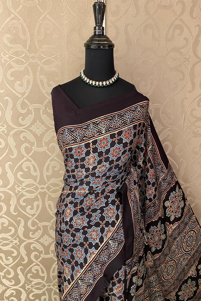 Black Pure Modal Silk Ajrakh Printed Saree With Unstiched Blouse