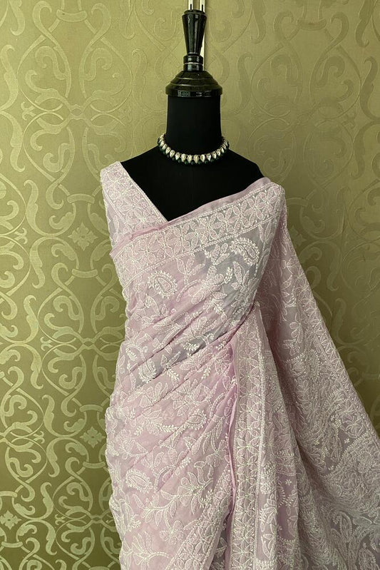 Lavender cotton Chikankari saree with intricate embroidery, paired with an unstiched blouse for party wear by Saarang Sarees.