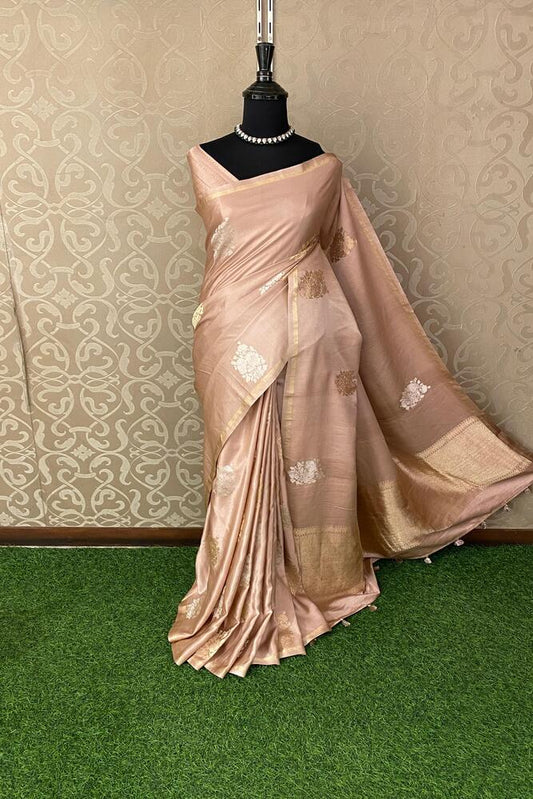 Peach Beige Mashru Silk Banarasi Handloom Saree, With Unstiched Blouse