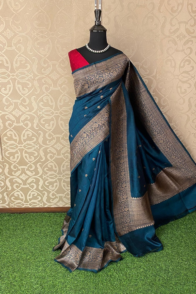 Royal Blue Pure Raw Tussar Banarasi Silk Saree, Hand Woven Motifs With Unstiched Blouse
