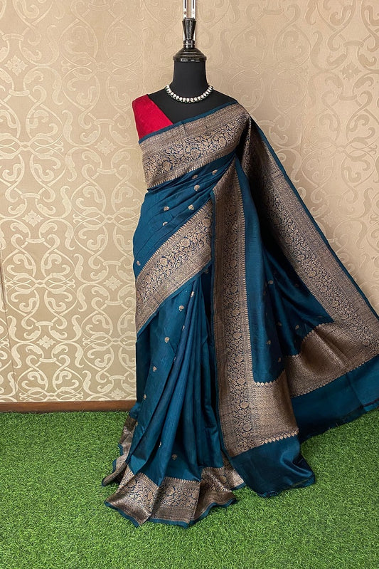 Royal Blue Pure Raw Tussar Banarasi Silk Saree, Hand Woven Motifs With Unstiched Blouse