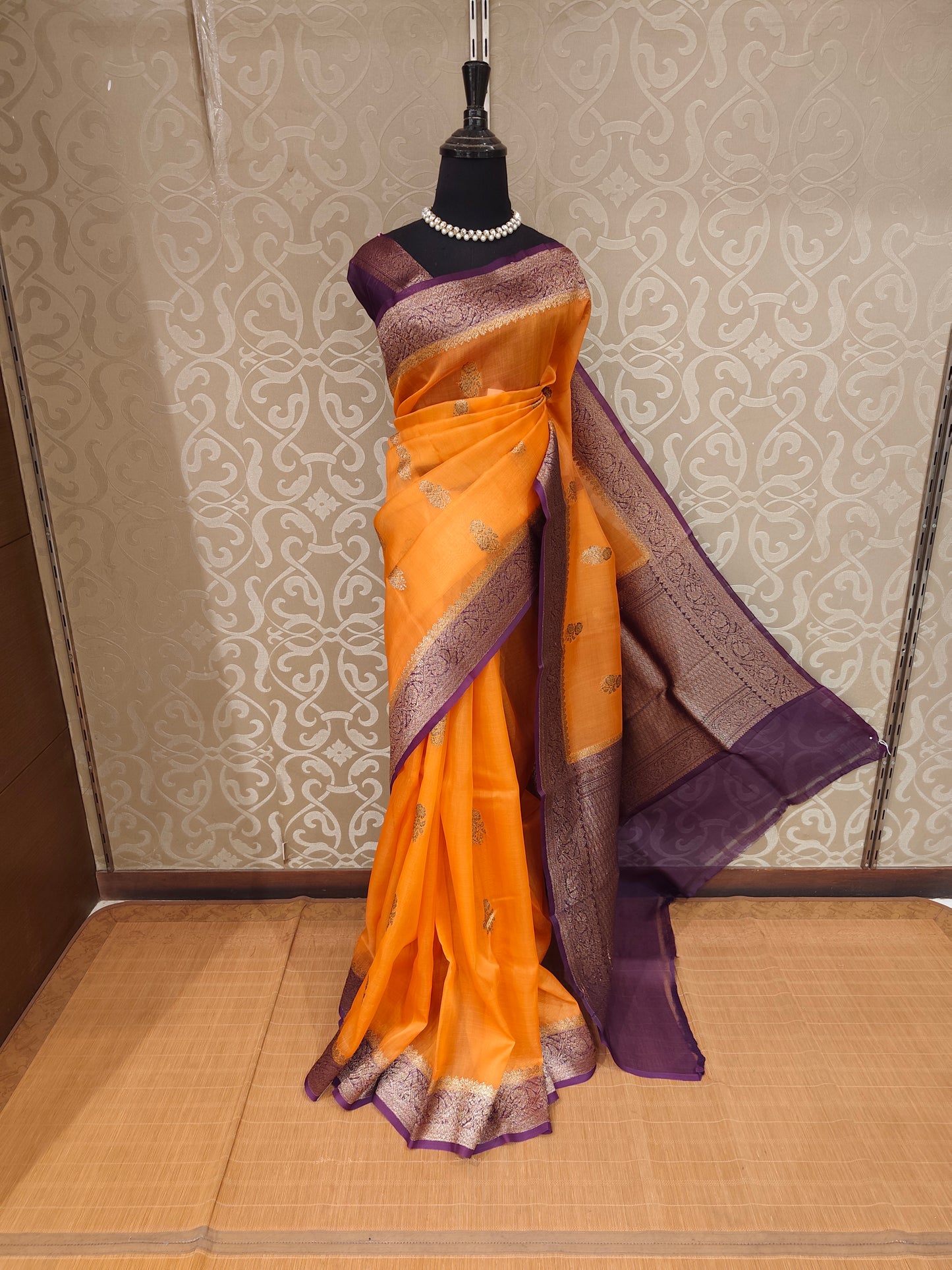 Musrad Yellow Kora Banarasi Silk Saree, With Unstiched Blouse