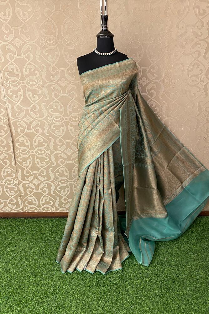 Firozi Brocade Kora Banarasi Silk Saree, With Unstiched Blouse
