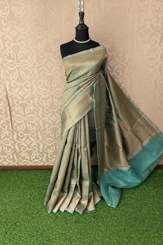 Firozi Brocade Kora Banarasi Silk Saree, With Unstiched Blouse