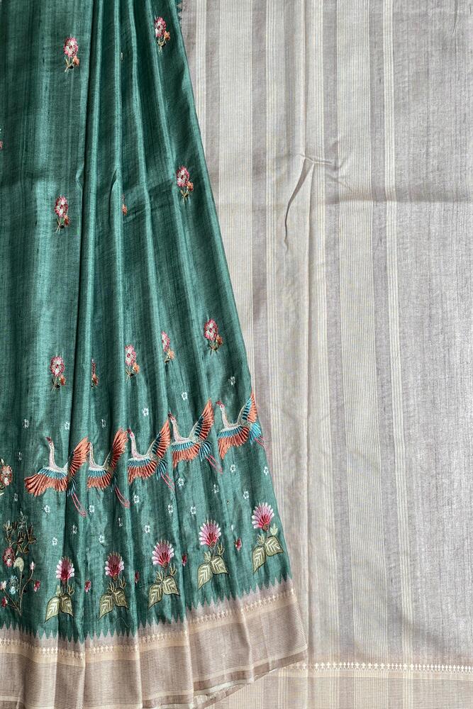 Sea Green Tussar Cotton Resham Work Saree, With Unstiched Blouse