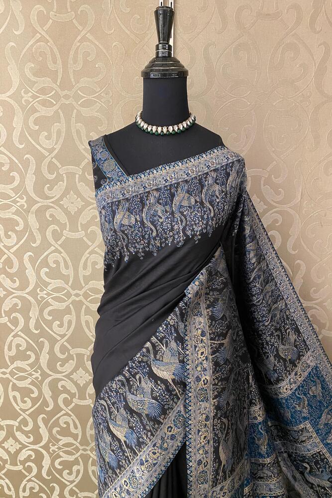 Black Pure Kani Handloom Silk Saree With Unstiched Jamewar Woven Blouse