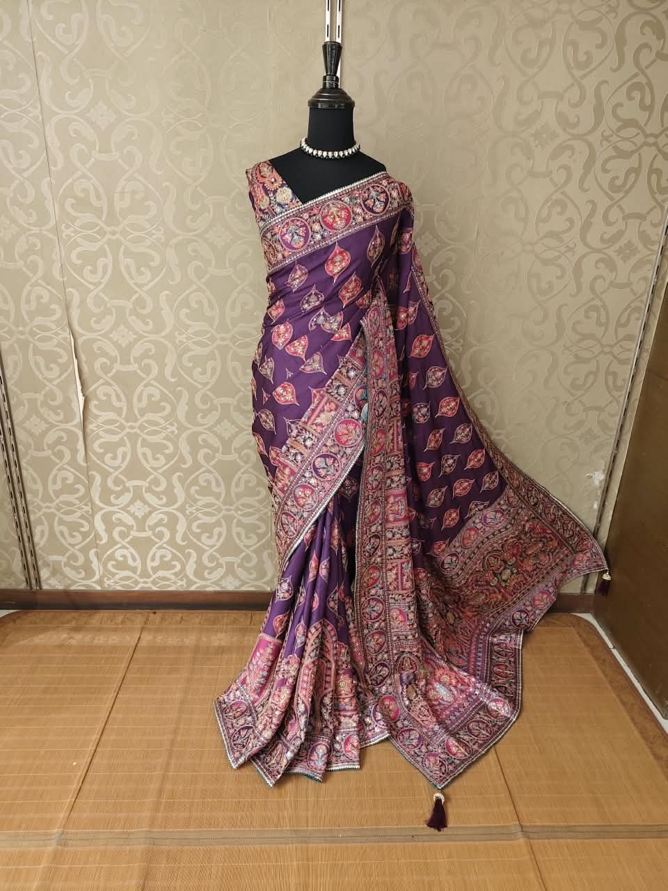 Purple Crepe Printed Stone Work Saree, With Unstiched Blouse