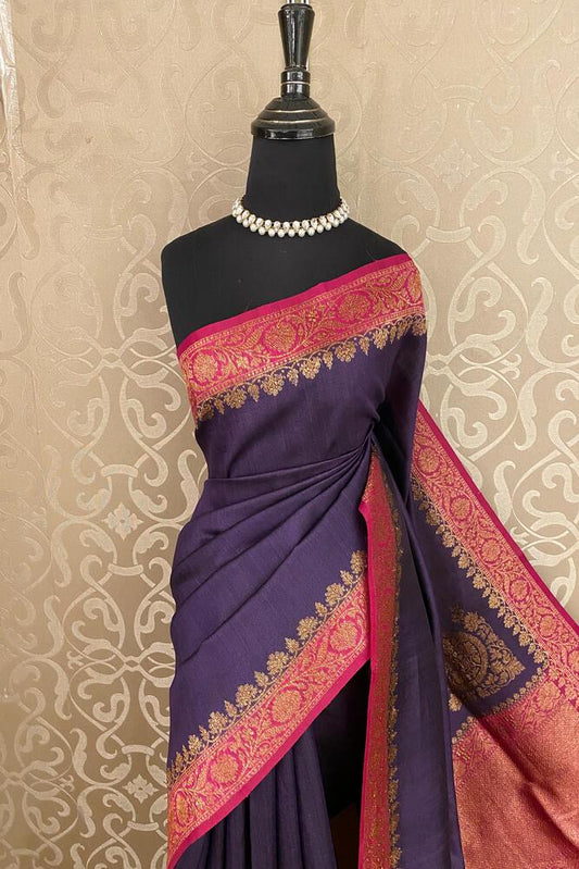 Dark violet Tussar Banarasi silk saree with hand-woven motifs and an unstitched blouse, traditional wear by Saarang Sarees.