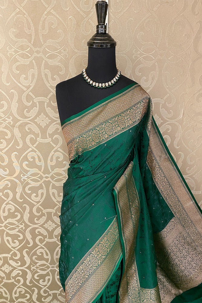 Forest Green Tanchoi Silk Saree Self Weaving With Unstiched Blouse