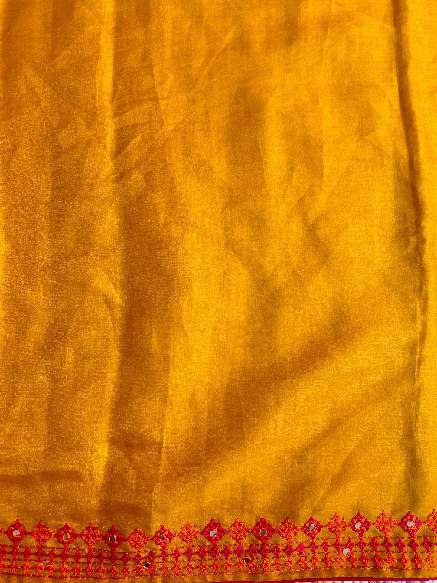 Mustard Yellow Semi Munga Silk Cross Stitch Embroidery Work Saree, With Unstiched Blouse