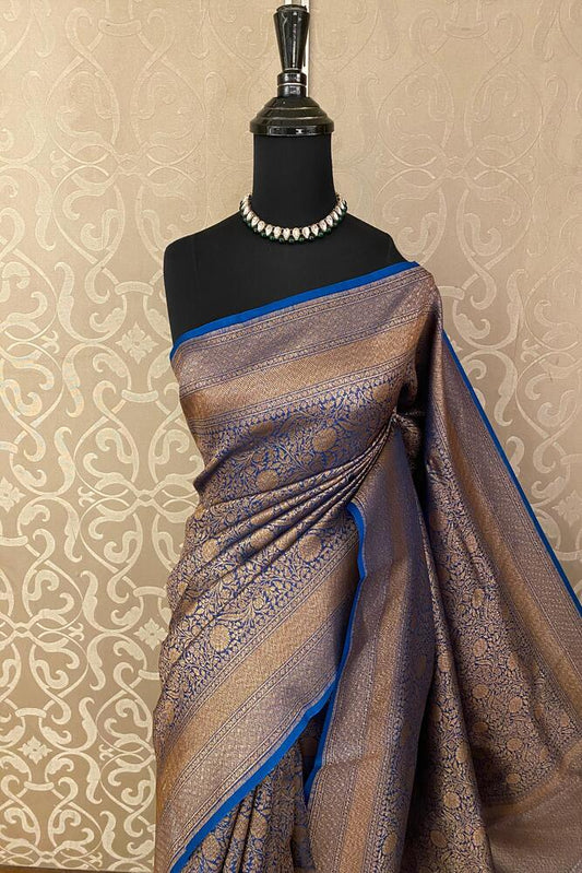 Indigo Blue Brocade Kora Banarasi Silk Saree, With Unstiched Blouse