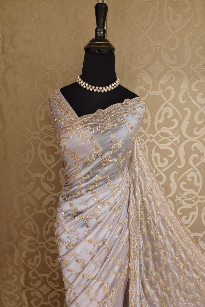 Light Grey Soft Tissue Organza Silk Embroidery Saree, With Unstiched Blouse