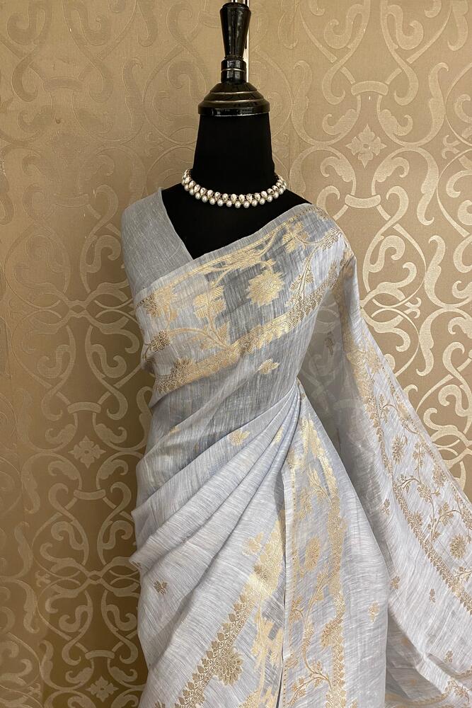 Light Grey Linen Banarasi Saree With Unstiched Blouse