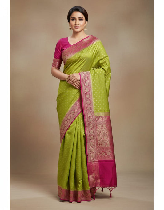 Lime green Munga Banarasi silk saree with traditional gold zari work and matching unstiched blouse, by Saarang Sarees.