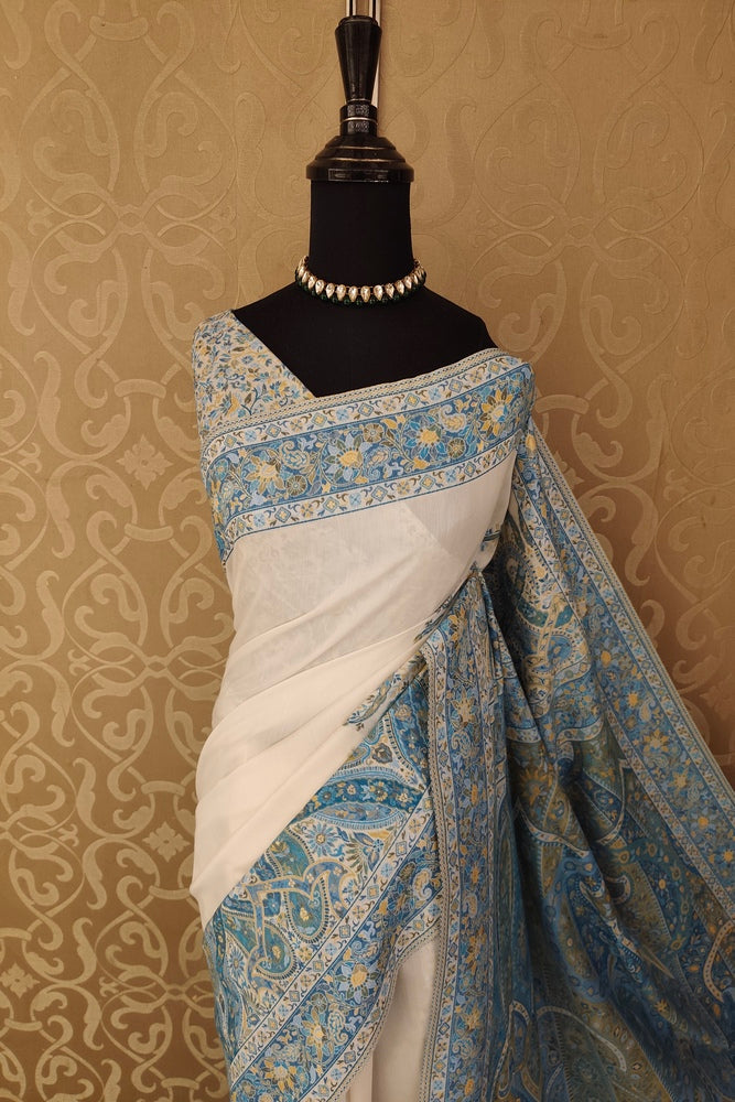 Off-White Pure Kani Handloom Silk Saree With Floral Woven Blouse