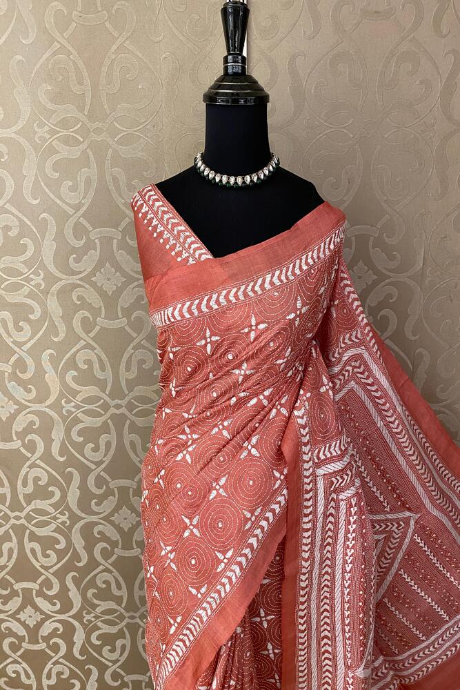 Light Peach Tussar Embroidery Saree With Kantha Work Border, With Unstitched Blouse
