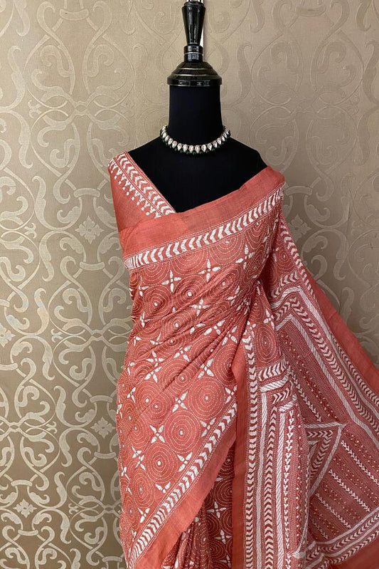 Light Peach Tussar Embroidery Saree With Kantha Work Border, With Unstitched Blouse