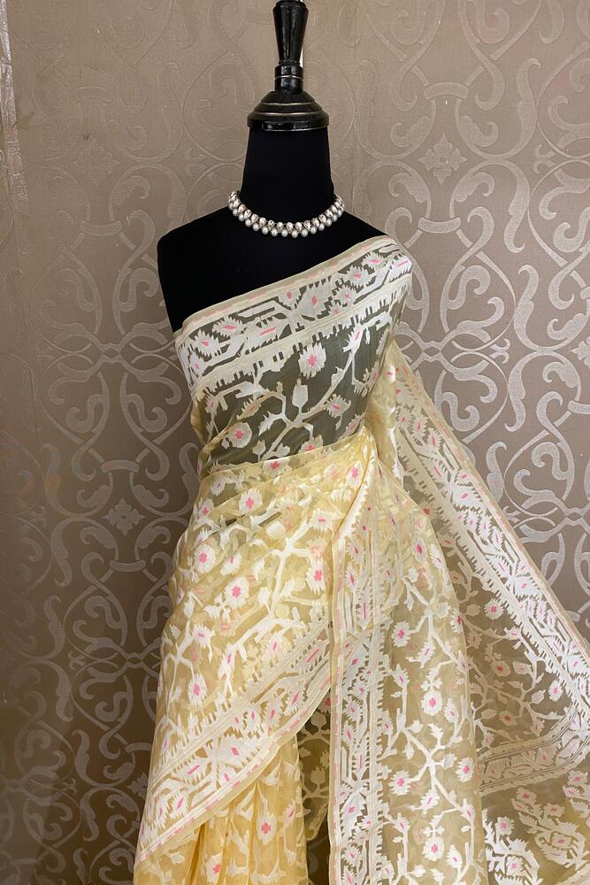 Yellow Muslin Jamdani Saree, With Unstiched Blouse