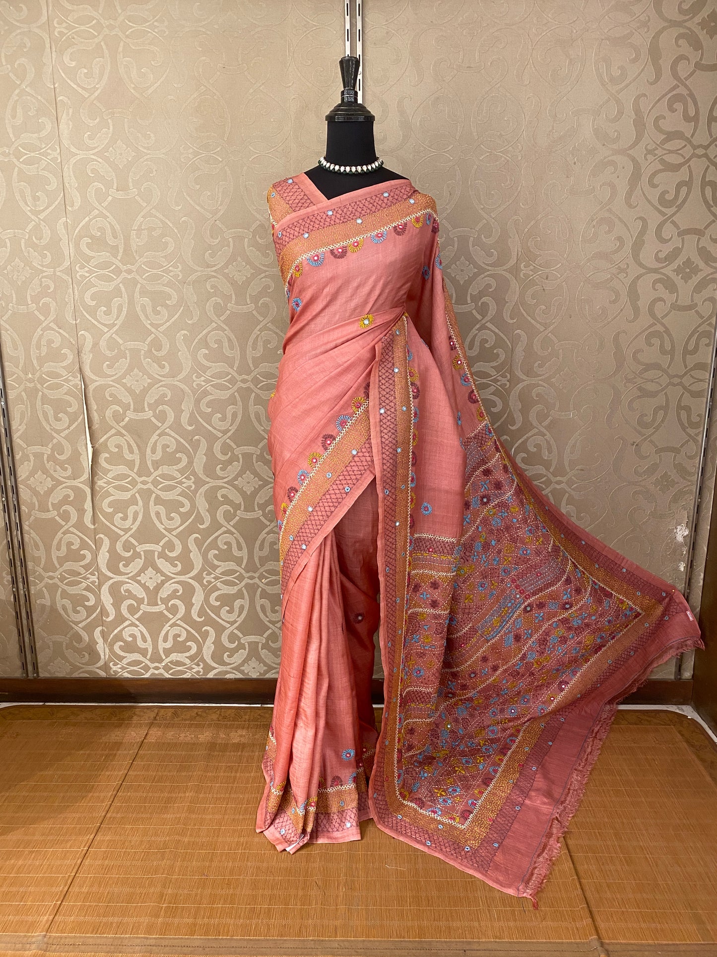 Peach Tussar Embroidery Saree With Lambani Work Border, With Unstitched Blouse