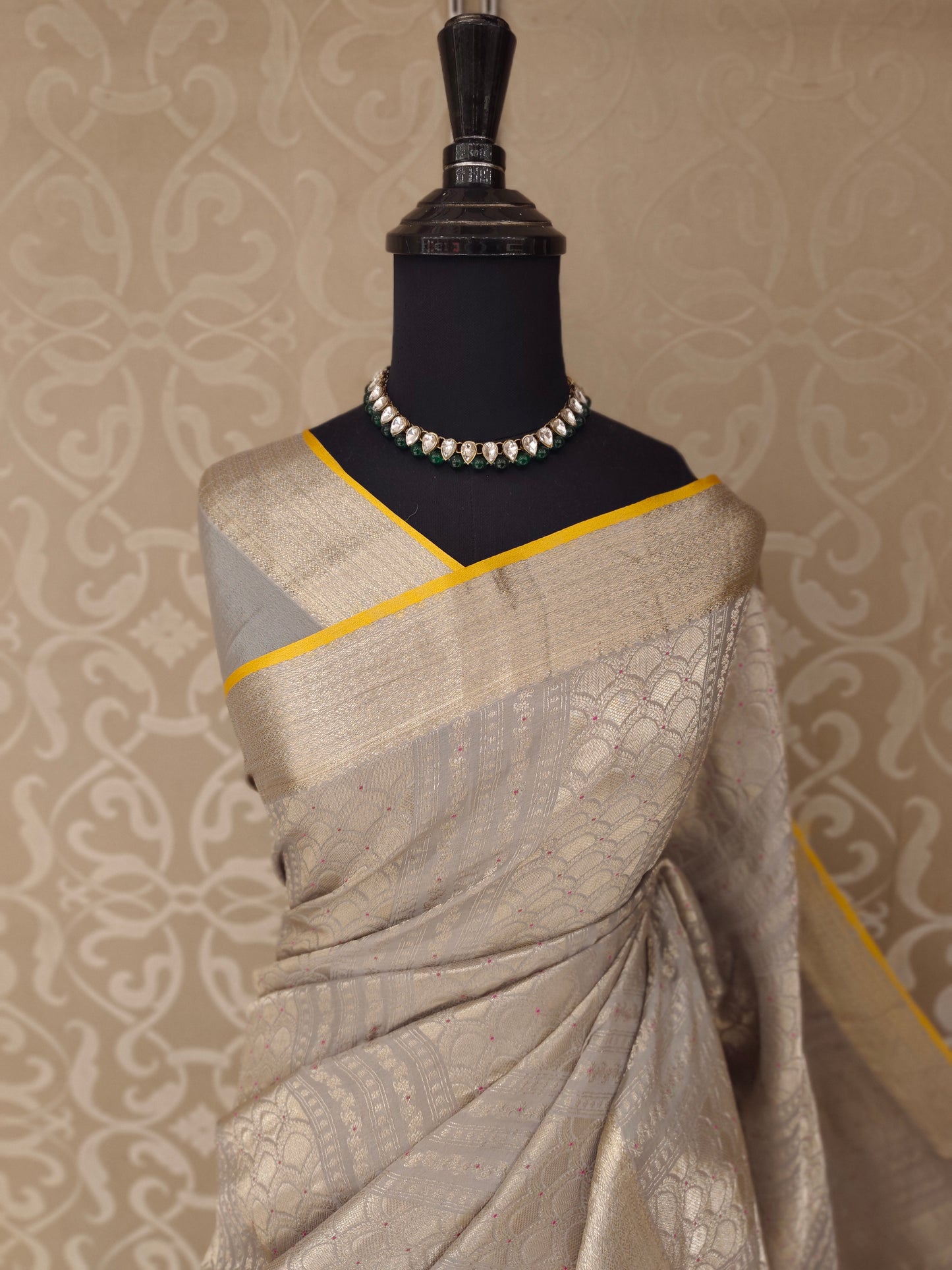 Grey Mysore Crepe Silk Banarasi Saree, With Unstiched Blouse