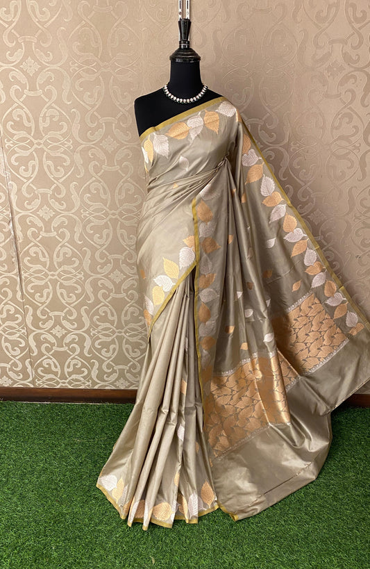 Grey Katan Banarasi Saree Hand Woven Work, With Unstiched Blouse