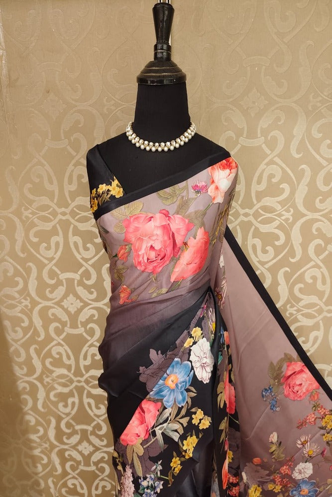 Black & Multi Floral Printed Satin Crepe Saree, With Unstiched Blouse