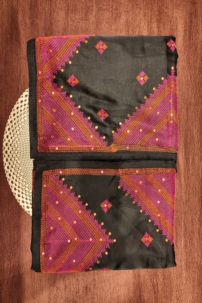 Black Semi Munga Silk Cross Stitch Work Saree, With Unstiched Blouse