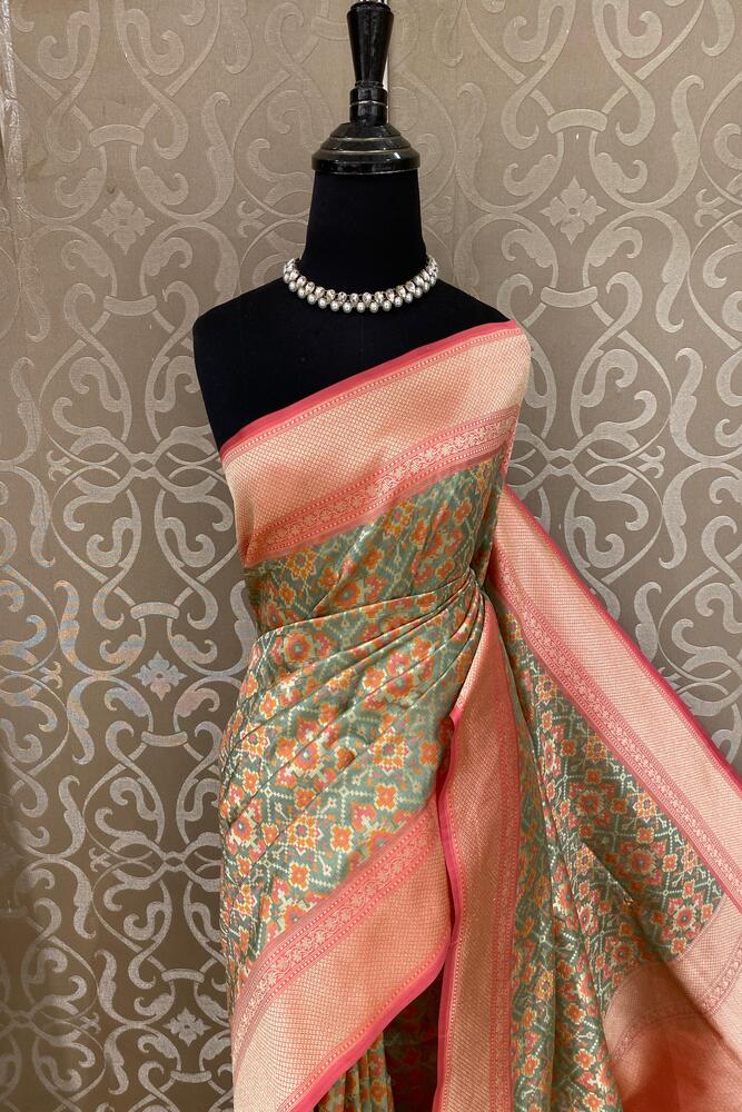Pista Green & Multi Banarasi Silk Saree With Patola Concept, With Unstiched Blouse