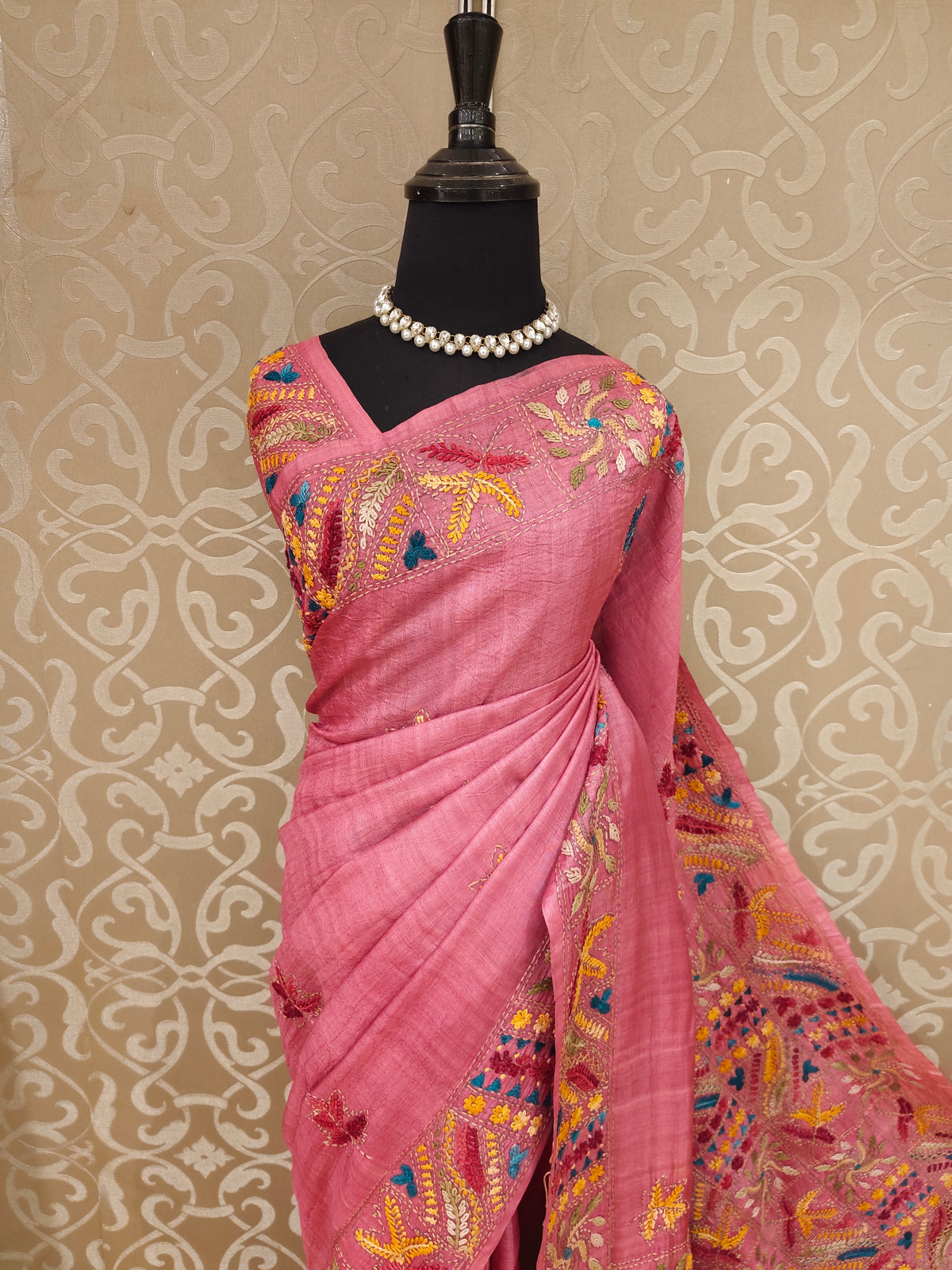 Pink Tussar Hand Embroidery Saree, With Unstitched Blouse