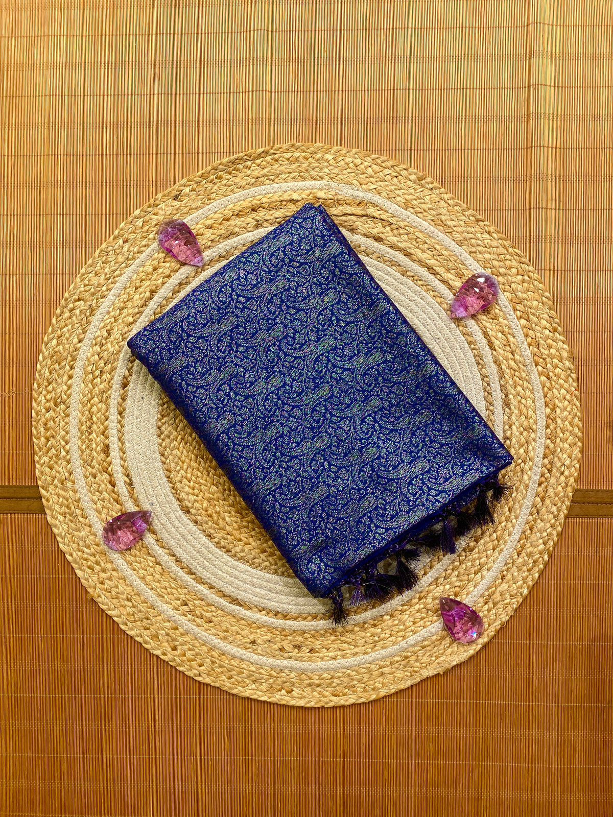 Deep Blue Semi Katan Brocade Silk Saree, With Unstiched Blouse